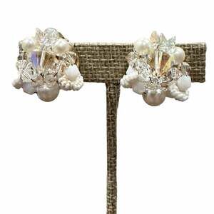 AB Aurora Borealis Crystal Faux Pearl White Bead Cluster Clip On Earrings 1960s